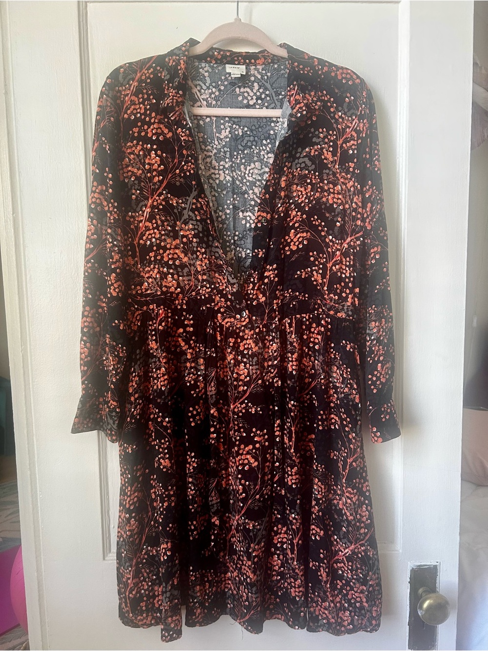 Women's Long Sleeve Floral Shirt Dress - Navy with Coral Print